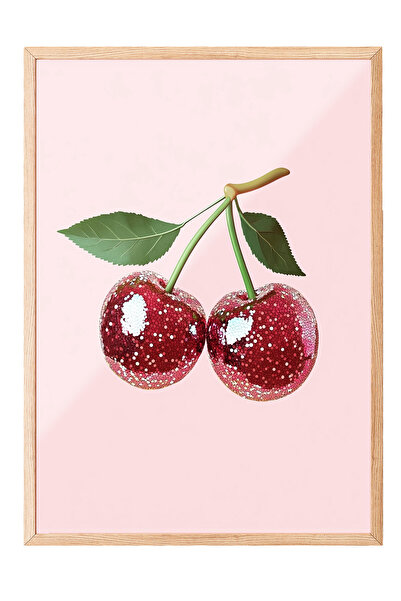 Zestia Tablou cu ramă din lemn, Ilustrație minimalistă cu cireșe duble, Poste...
