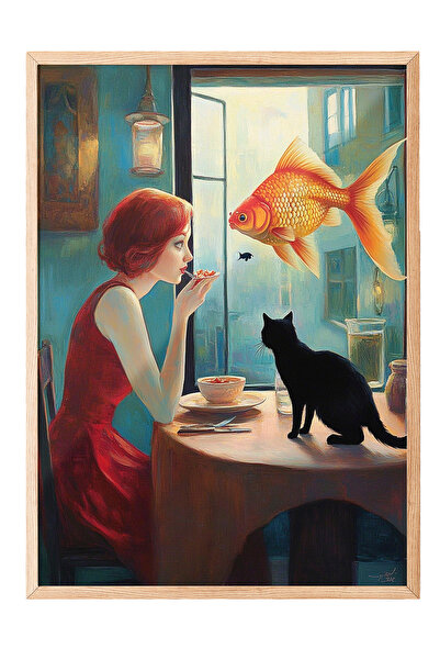 Zestia Εικόνα με ξύλινο πλαίσιο, Γάτα και ποτήρι κρασιού στο σκοτάδι, Διακοσμ...