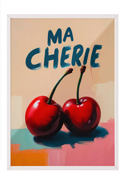 Zestia Tablou înrămat alb, Ilustrație nostalgică cu cireșe Ma Cherie, Poster ...