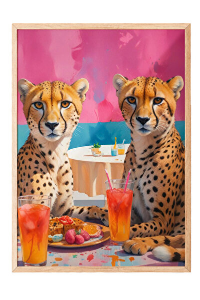 Zestia Tablou cu ramă din lemn, Gheparzi și cocktailuri – Ilustrație retro, P...