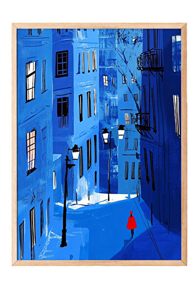 Zestia Tablou cu ramă din lemn, Străzi ale orașului pe noapte albastră, Poste...