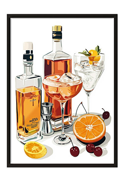 Zestia Tablou cu ramă neagră, băuturi alcoolice și ingrediente pentru cocktai...