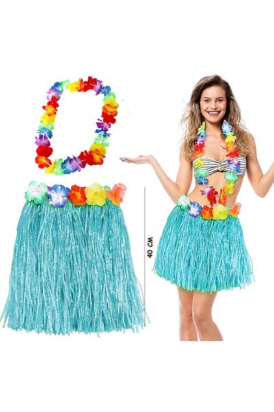 shopwave Hawaii Luau Aloha Blue Tasseled 40 Cm Skirt and Hawaii Necklace Set