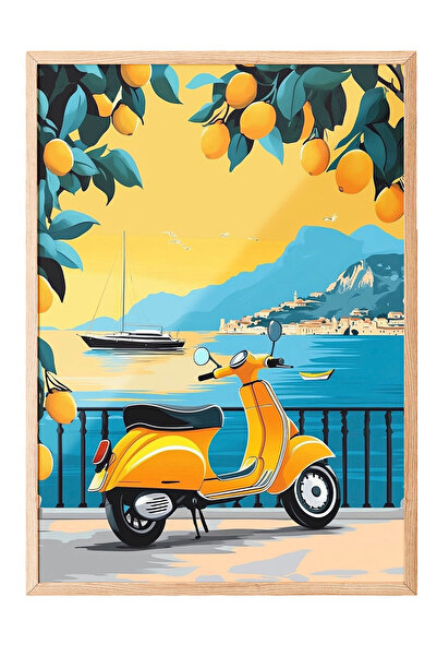 Zestia Tablou cu ramă din lemn, Calea de pe litoral cu scuter galben, Poster ...