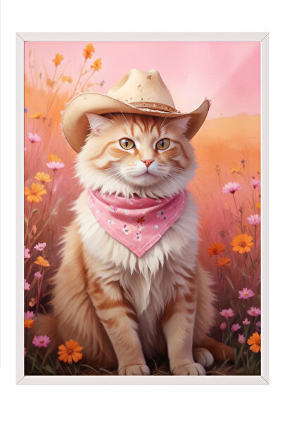 Zestia Tablou înrămat alb, Pisică pufoasă – Ilustrație adorabilă, Poster deco...