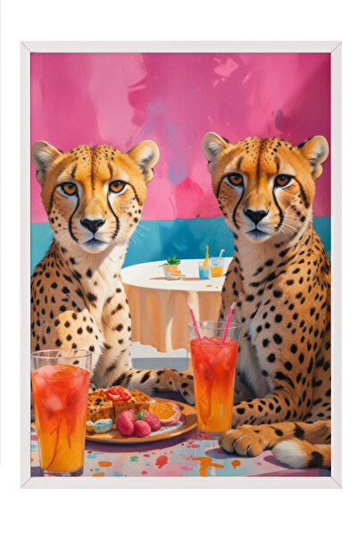 Zestia Tablou înrămat alb, Gheparzi și cocktailuri – Ilustrație retro, Poster...
