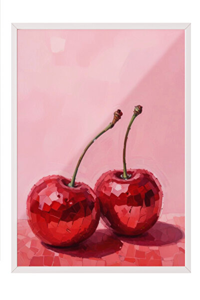Zestia Tablou cu ramă albă, Ilustrație minimalistă cu cireșe roșii, Poster de...