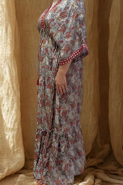 CESTOPİENO Silk Red Tulip Patterned Front and Back V Neck Embroidered Dress / Beach Dress / Bohemian Dress / with Pockets