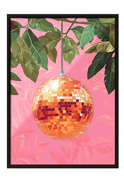 Zestia Tablou cu ramă neagră, compoziție cu fructe tropicale roz și frunze, p...