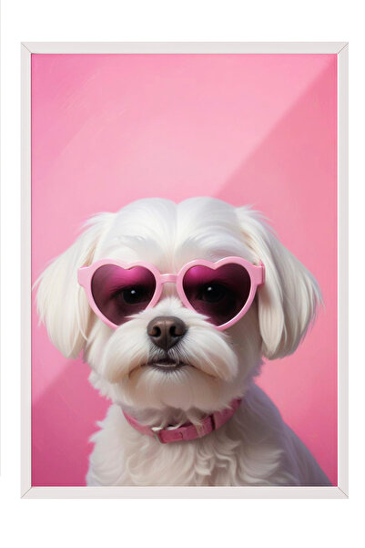 Zestia Tablou înrămat alb, câine cu ochelari în formă de inimă – Portret ador...