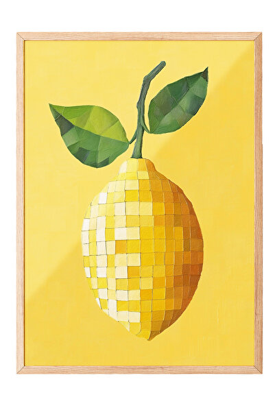 Zestia Tablou cu ramă din lemn, ilustrație minimalistă cu lămâie galbenă, pos...