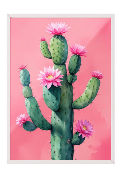 Zestia Tablou în ramă albă, Ilustrație minimalistă cu cactus roz, Poster deco...