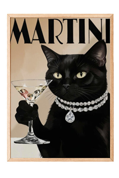 Zestia Tablou cu ramă din lemn, Pisică și cocktail de noapte – Ilustrație ele...