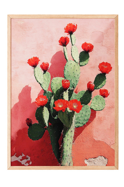 Zestia Tablou cu ramă din lemn, ilustrație cu cactus cu flori roșii, poster d...
