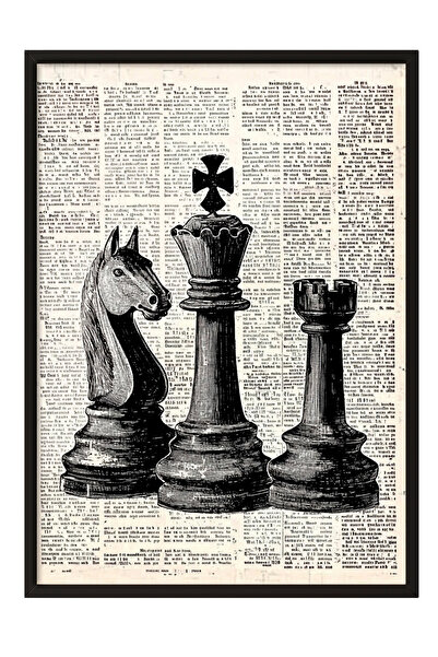 Zestia Tablou înrămat negru, piese de șah și pagină de ziar, poster decorativ...