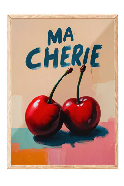 Zestia Tablou cu ramă din lemn, ilustrație nostalgică cu cireșe Ma Cherie, po...