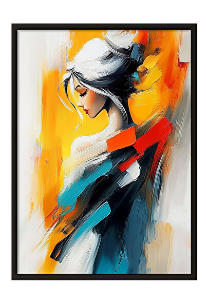 Zestia Tablou înrămat negru, portret de femeie cu tușuri colorate, poster dec...
