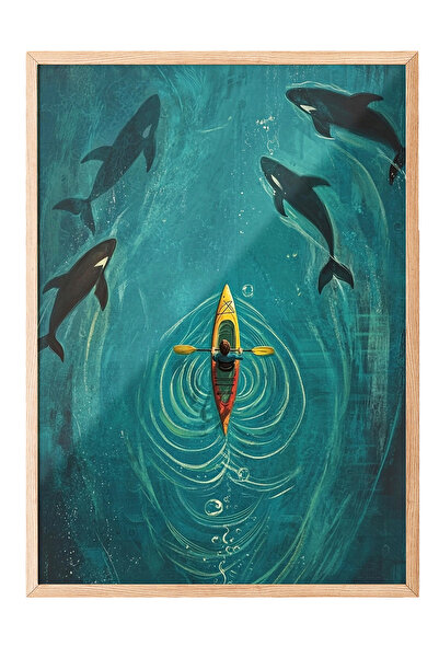 Zestia Tablou cu ramă din lemn, Canoe și delfini în mijlocul valurilor, Poste...