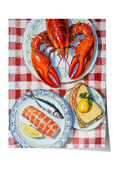 Zestia Poster fără ramă, Tablou cu homari roșii și fructe de mare, Poster dec...