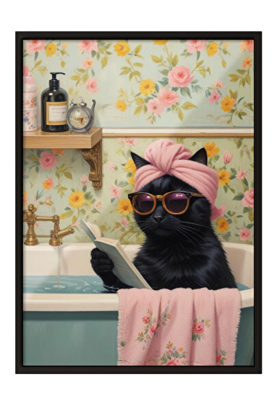 Zestia Tablou cu ramă neagră, Glumă de baie: Pisică cu ochelari, Poster decor...