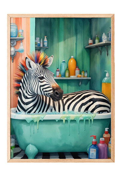 Zestia Tablou cu ramă din lemn, Zebră în cadă – Compoziție umoristică cu tema...