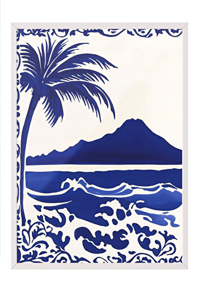 Zestia Tablou înrămat alb, peisaj de munte și mare în tonuri de albastru, pos...