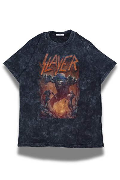 Fuddy Moda Unisex Slayer Written Washable T-Shirt, Oversize Rock Band εμπριμέ...