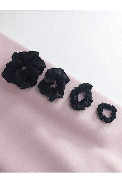 BeyzHal Women's Black 4-Piece Satin Scrunchie Hair Rubber Set - Bagel Buckle (Oversize, Large, Medium, Mini Size)