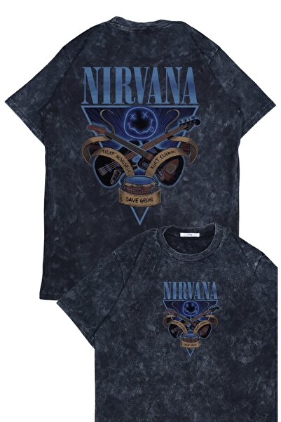 Fuddy Moda تي شيرت مطبوع عليه ظهر أزرق من نيرفانا للجنسين، تي شيرت ريترو ذو طابع فرقة روك كبيرة الحجم