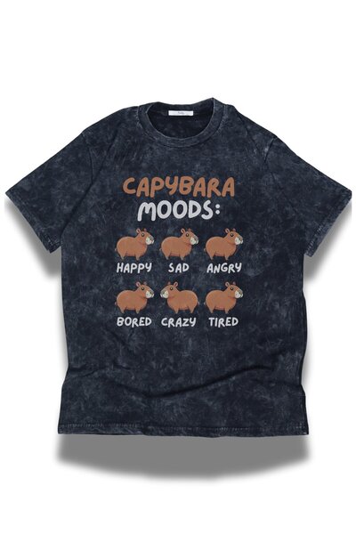 Fuddy Moda Tricou unisex lavabil cu imprimeu Capybara Moods, tricou retro ove...