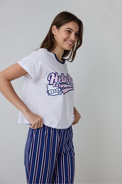 Penti Optical White Hello Kitty Striped Short Sleeve Crew Neck Pajama Set