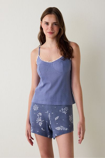 Penti Indigo Hailee Floral Lace Cotton Openwork Pajama Top