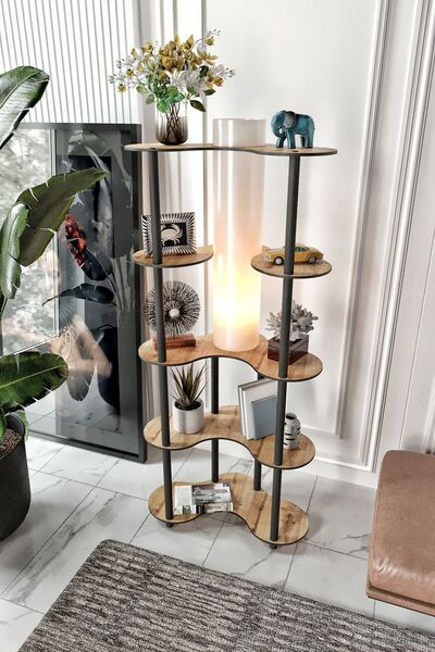 HALL BREATHE Modern kahverengi kitaplık ve lambader kombinasyonu, şık ve fonksiyonel dekor.