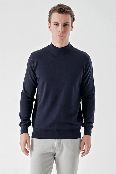 Morven Men's Navy Blue Basic Half Turtleneck Dynamic Fit Comfortable Cut Knitwear
