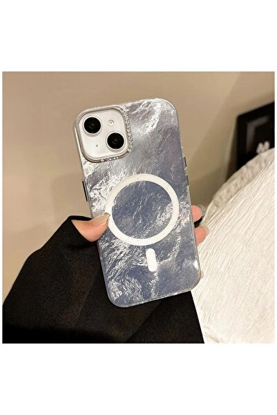 Zebana Apple iPhone 15 Uyumlu Kılıf Glow Taşlı Silikon Kılıf (Kablosuz Şarj) Gri