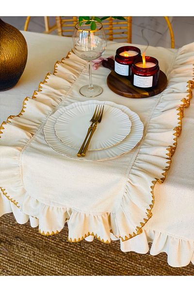 HOME OF BLOSSOM 40X120Cm Raw Linen Beige Edge Detailed Ruffled Runner