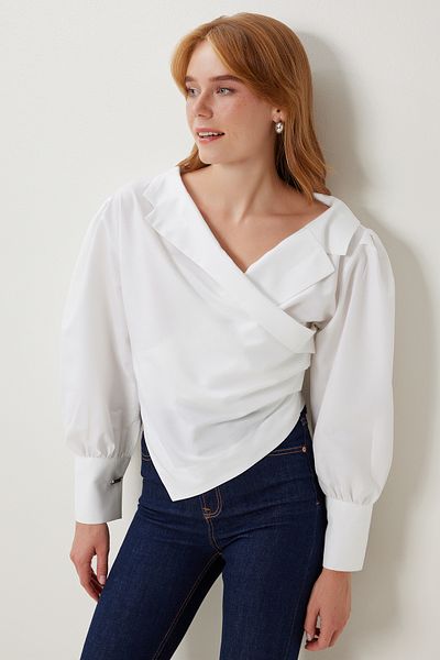 Lovelyİstanbul Wrap Collar Asymmetric Woven Blouse Lyy0105 Ecru