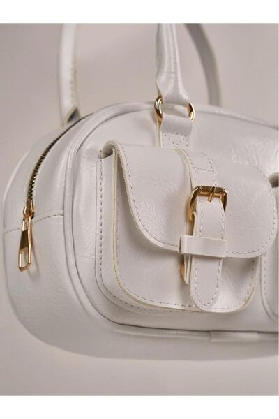 Rivina White Women's Mini Shoulder and Hand Bag - Double Pocket Buckle, Leather Look