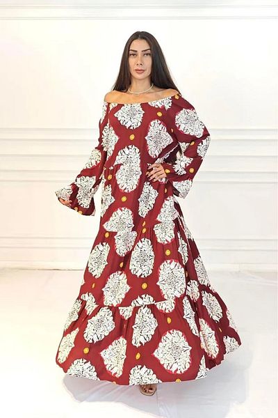 Hazinedan Women's Ethnic Shawl Patterned Madonna Collar Loose Long Flare Sleeve Authentic Burgundy Dress