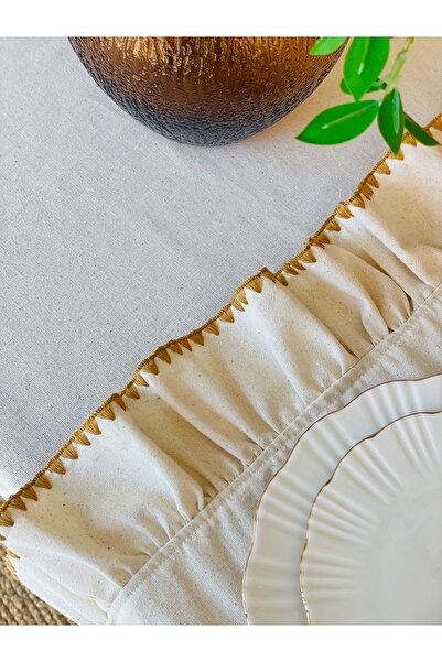 HOME OF BLOSSOM 40x120cm Ham Keten Bej kenar detaylı Fırfırlı Runner