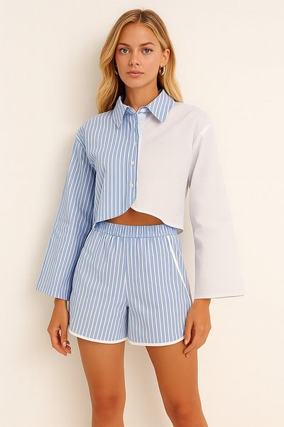 MAMAYAGA Women's Striped Asymmetrical Cut Spanish Sleeve Front Button Sports Stylish Design Shorts Shirt Suit