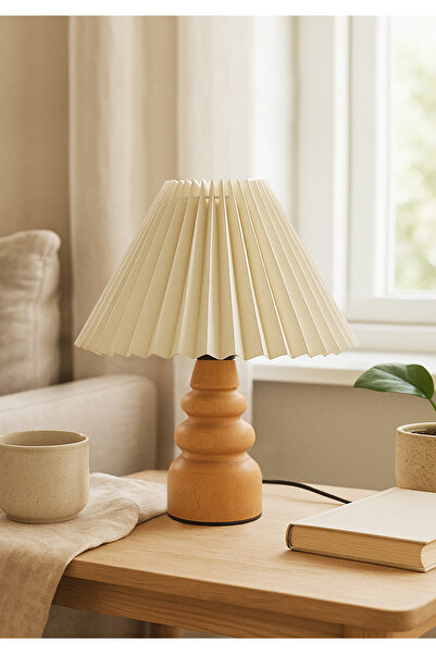 HALL BREATHE Doğal Ahşap Abajur Pileli Krem, Şık ve Sıcak Atmosfer İçin Mükem...