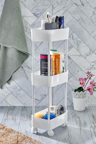 Okyanus Home 3 Tier Rolling Bathroom-Kitchen Organizer Practical Shelf White