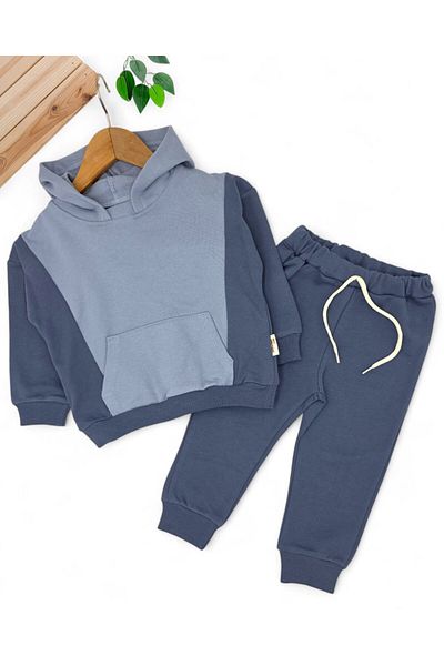 VOY KİDS Boy's 3 Thread Unsharded Thick Fabric 100% Cotton, Hooded Tracksuit Set