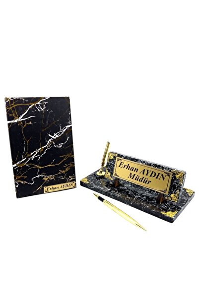 MEGA KANYON Premium Özel İsimli Ofis Seti - Mermer Temalı Defter ve İmza Kalemli Masa İsimliği
