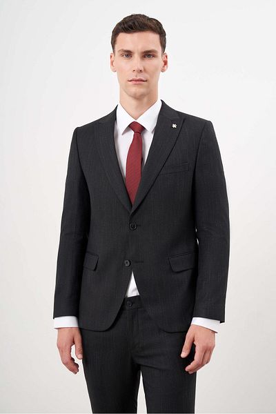 Morven Men's Black Polyviscon Trend Patterned Slim Fit Pointed Collar Suit