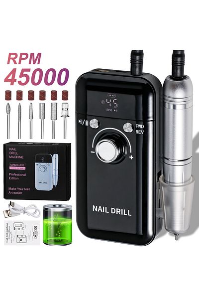 choice2 USB black 45000RPM Professional Electric Nail Drill Rechargeable Polisher with LCD Screen Suitable f