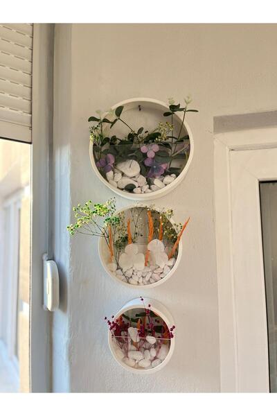 DYNAVICA MİLANO Duvara Asılan Teraryum Çiçek Saksısı Aksesuarlı ve Çiçekli Beyaz 3'lü Set