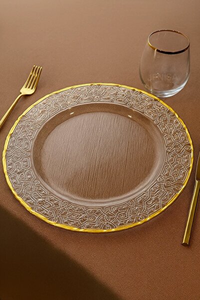 DEKORANLA Altın detaylı yuvarlak cam supla, 33 cm şık ve zarif servis tabağı