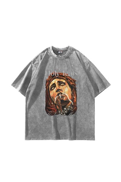 Sekizbiraltı Mary's Holy Tears Printed Oversize Unisex Washable White Tshirt